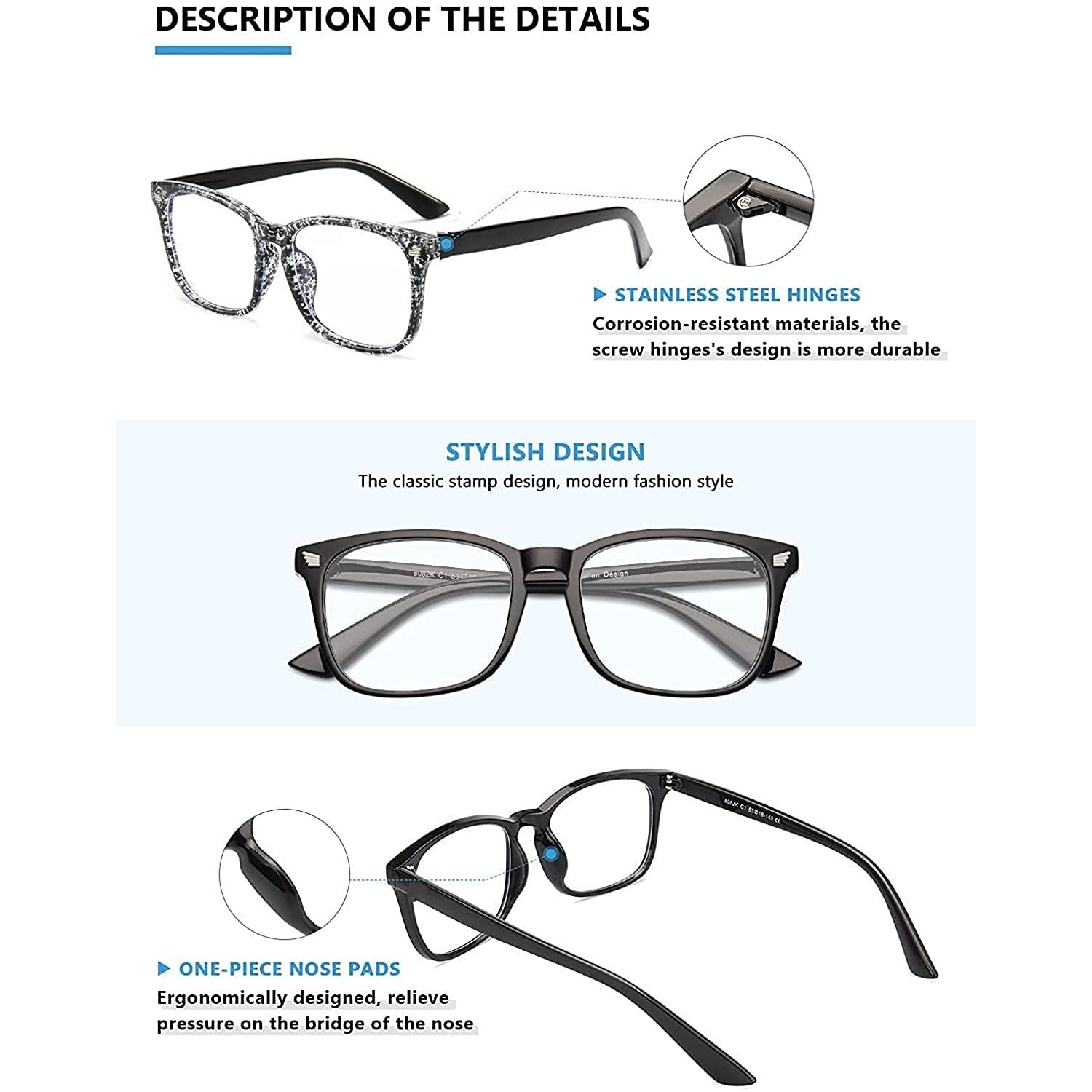 Blue Light Blocking Transparent Square Eyeglasses for Men & Women - Dervin